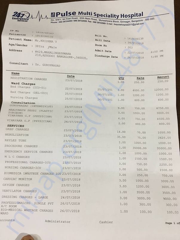 Krishna's final bill in Pulse Hospital Page 1