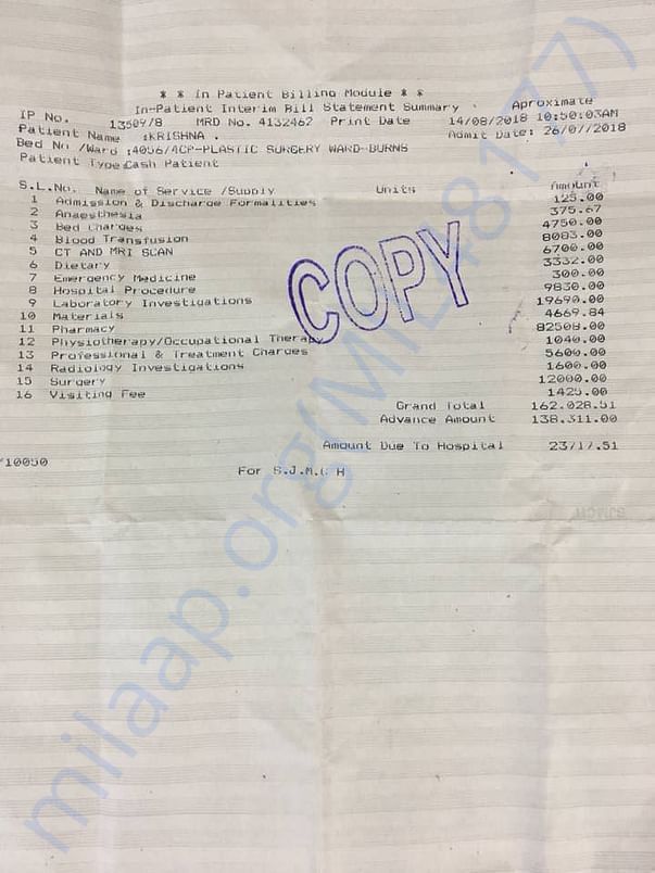 Krishna's Ongoing bill in St John's Hospital