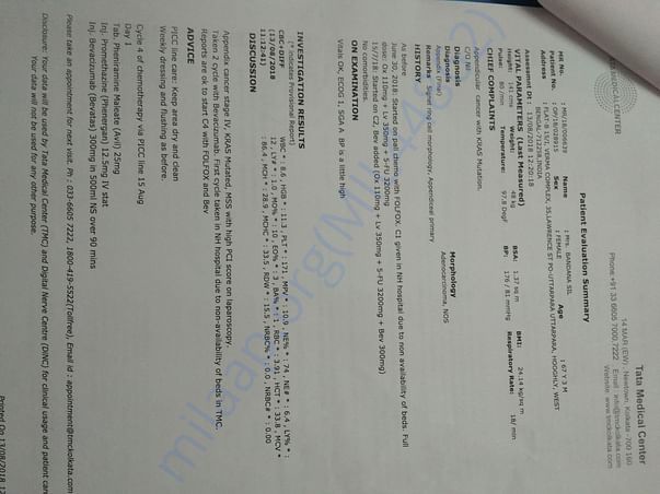 Admission letter for 4th cycle of chemotherapy