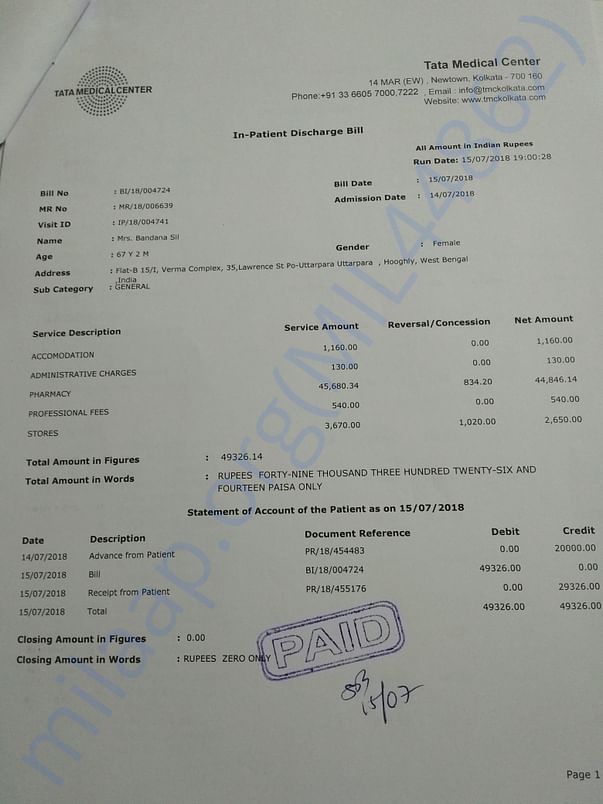 Invoice for one cycle of chemotherapy