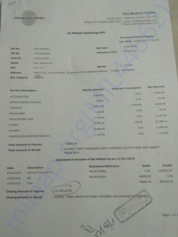 Invoice of staging laparoscopy
