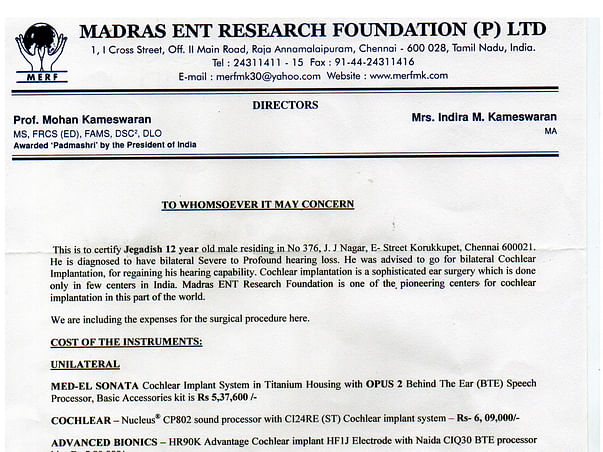 Help Jegadish Undergo Bilateral Cochlear Implant