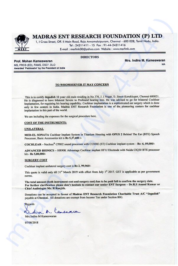 COST SHEET PROVIDED BY MADRAS ENT RESEARCH FOUNDATION