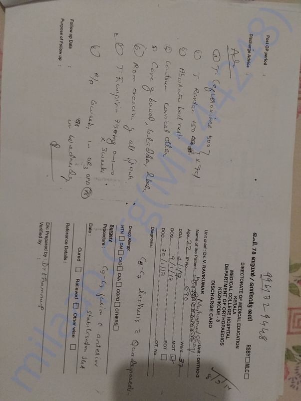 Discharge summary from medical college hospital, Kozhikode
