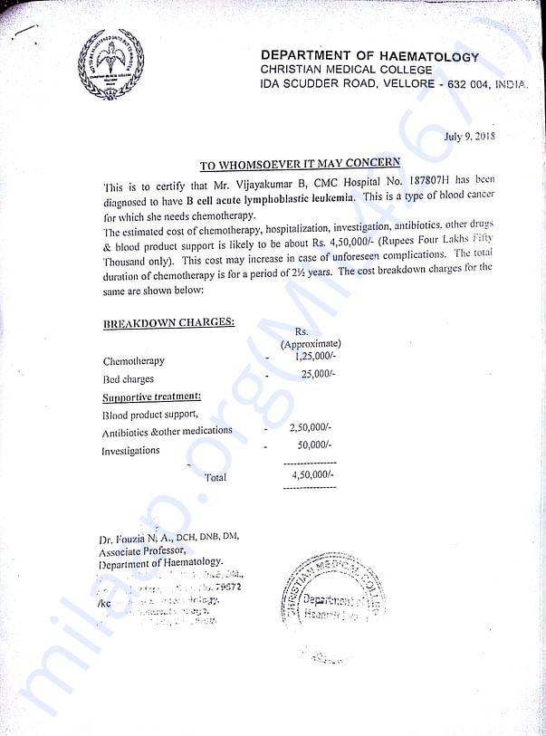 A Medical Estimation Receipt Of Vijay