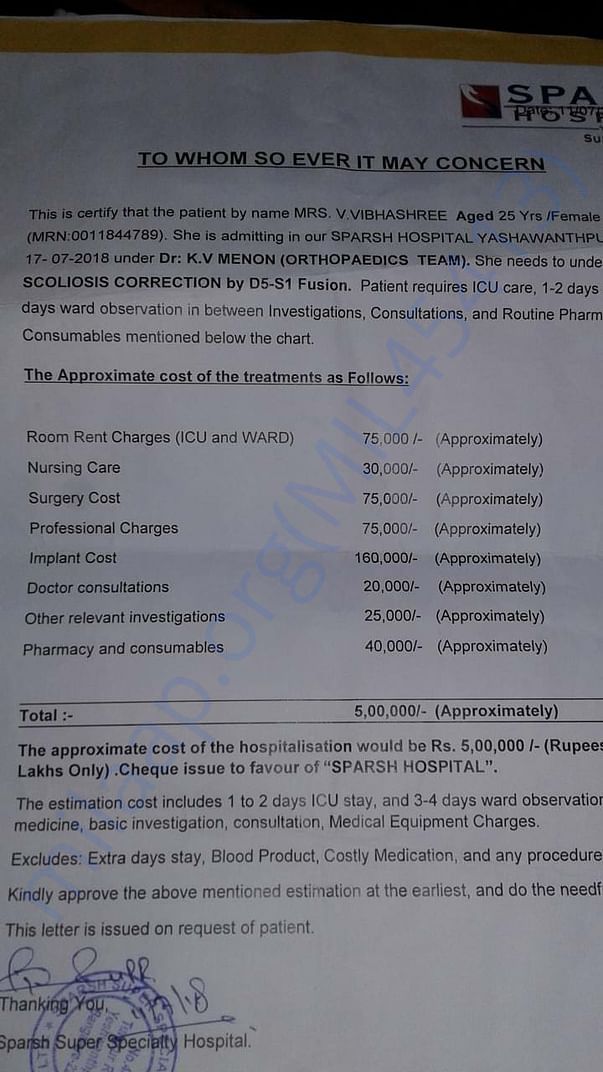The estimate before surgery; In reality, expenses are 4 times more.