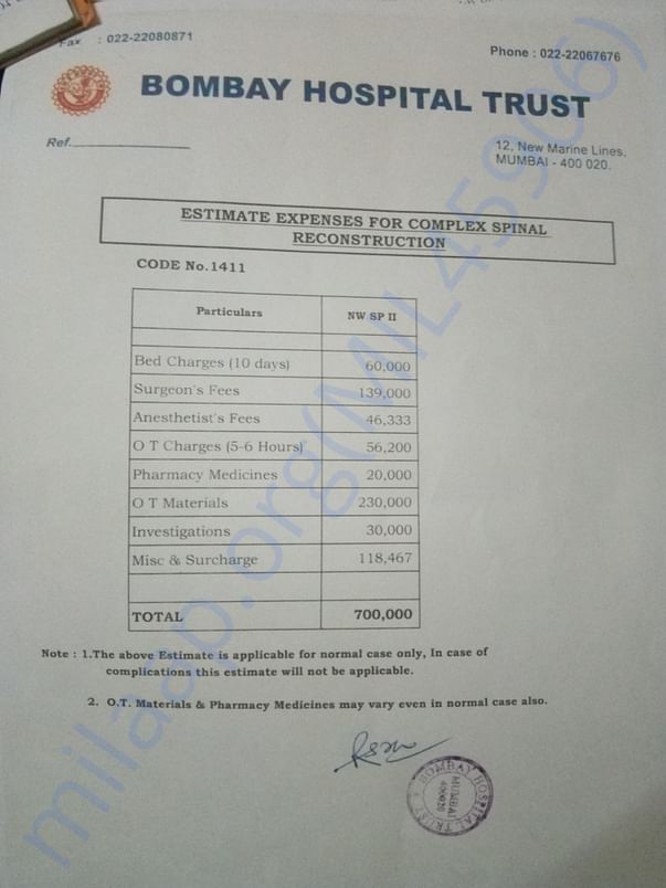 Estimate Expenses For Complex Spinal Reconstruction