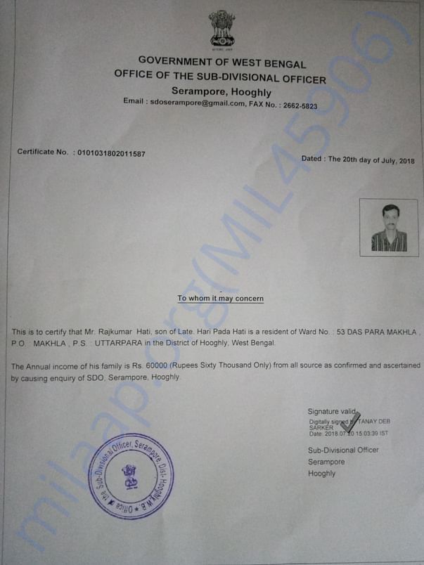 Income Certificate from SDO, Srerampore, Hoogly.