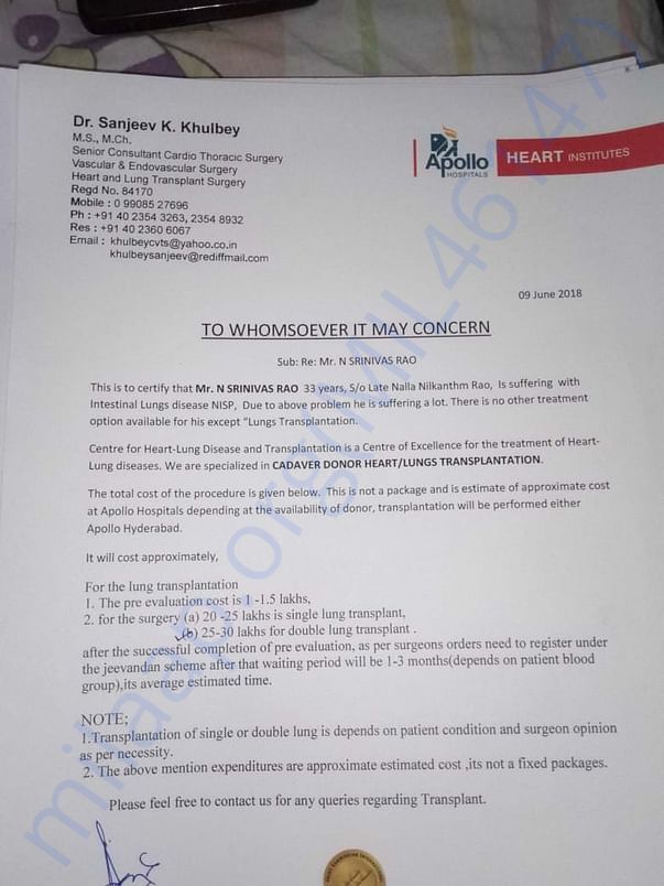 Letter from treating Dr from Apollo hospitals
