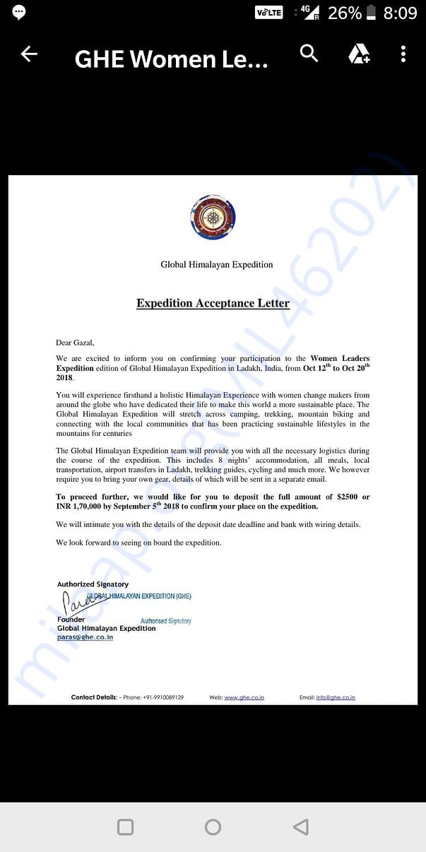 My acceptance letter for the expedition