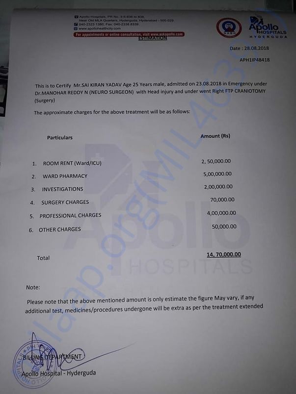 Hospital bill estimated cost