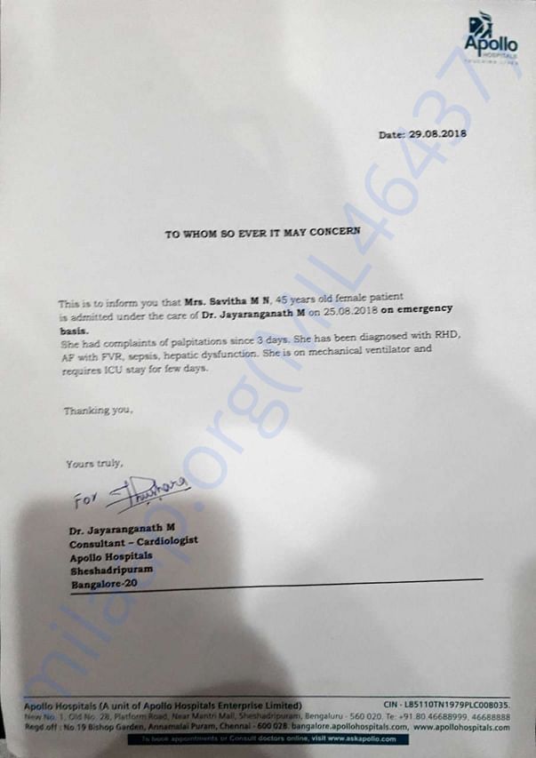 Letter from the Apollo Hospital