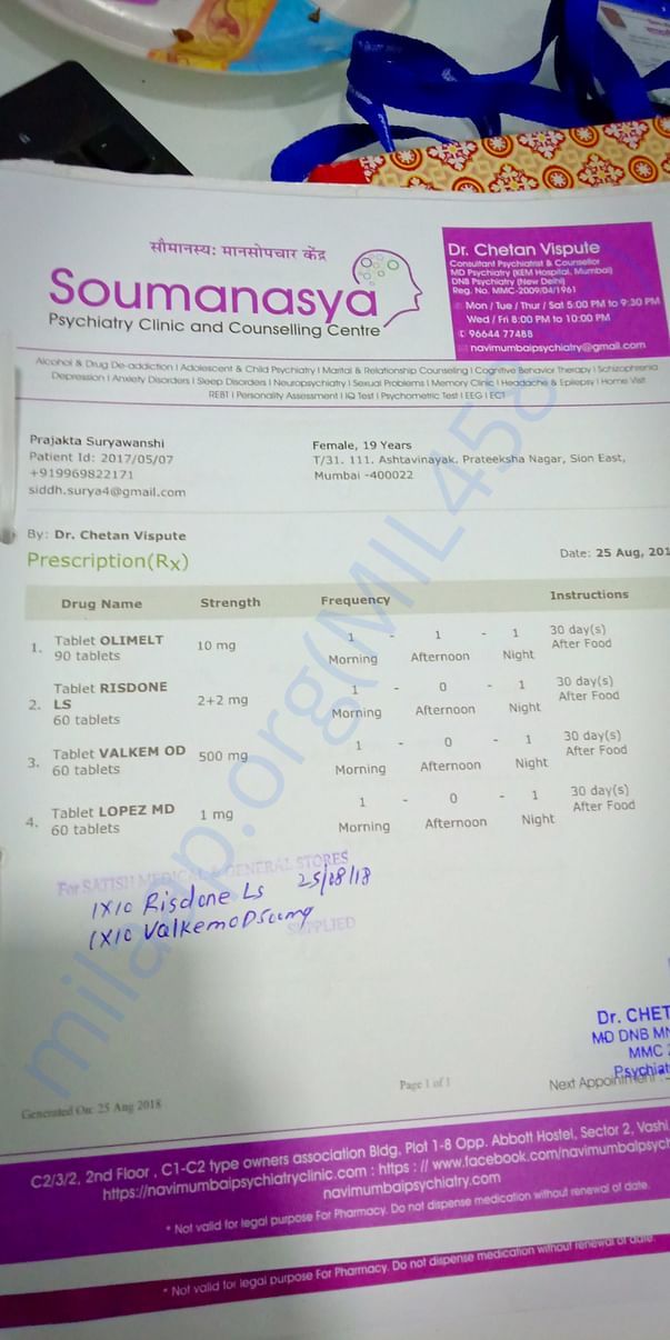 MEDICINE PRESCRIPTION BY HER PSYCHIATRY DOCTOR