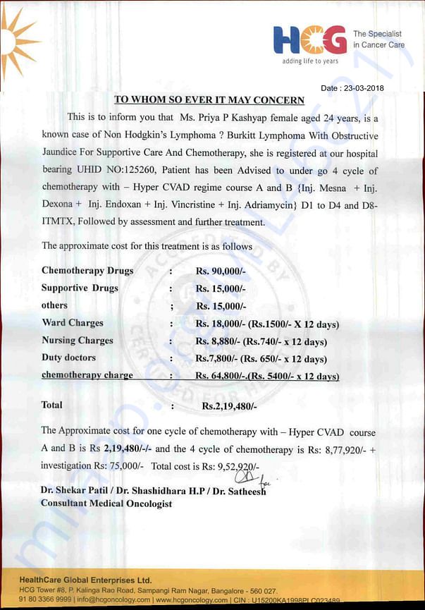 A Medical Estimation Letter Of Ms. Priya