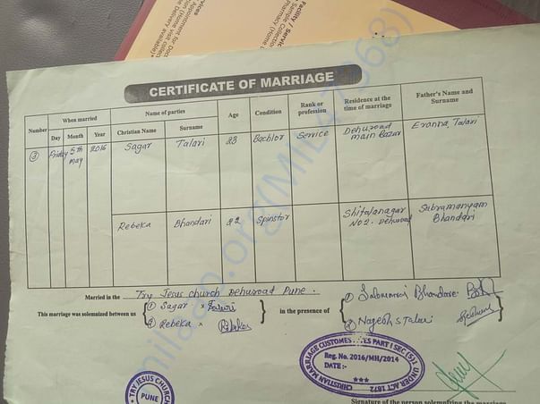 Marriage Certificate Of Sagar & Rebeka