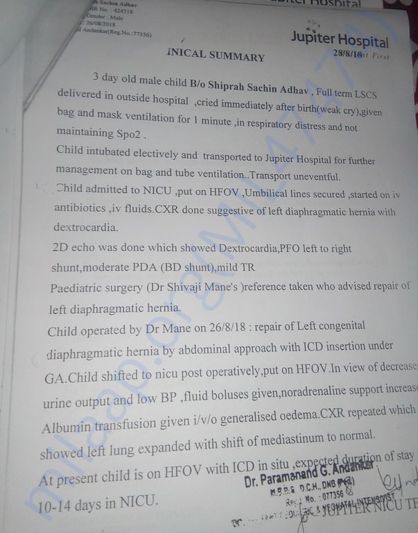 Its the complication of Diaphragmatic Hernia.Need your support& prayer