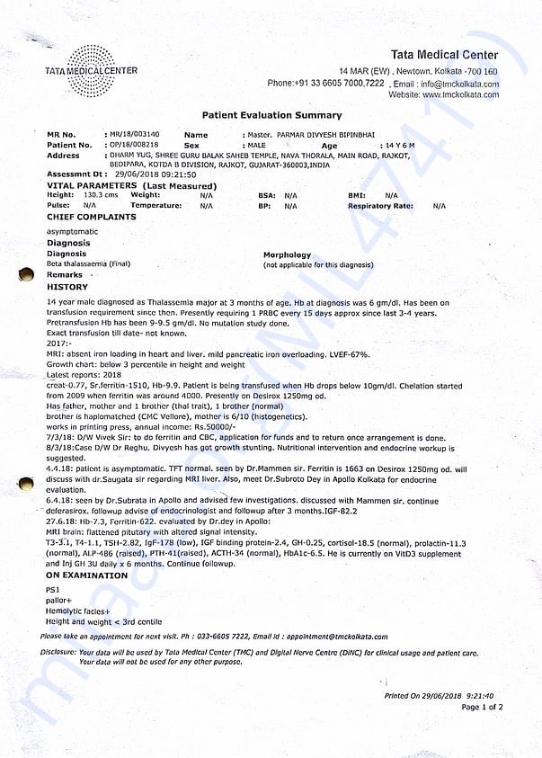 Last prescription of TATA Medical Centre (kolkata)