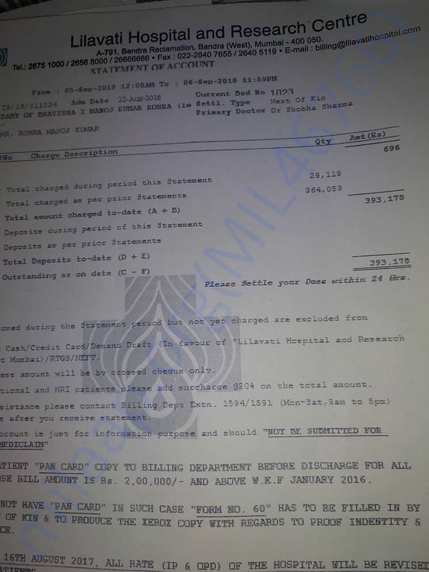 Due Invoice of Rs. 3,93,178 for Treatment of Baby Boy