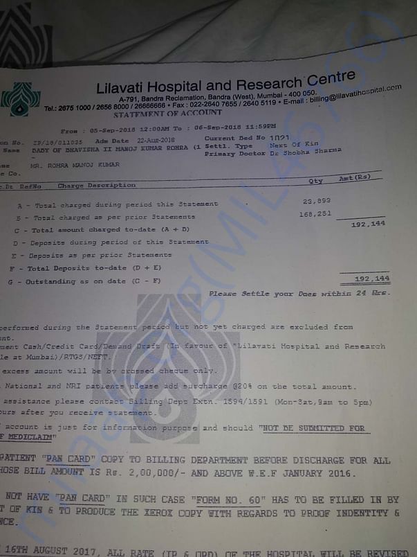Due Invoice of Rs. 1,92,144 for Treatment of Baby Girl