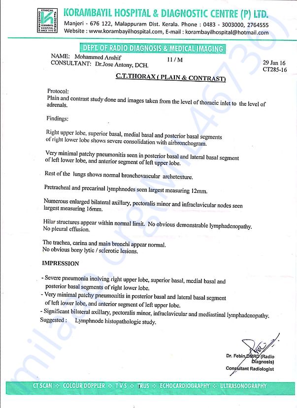 CT Scan Report from Korambayil Hospital, Manjery