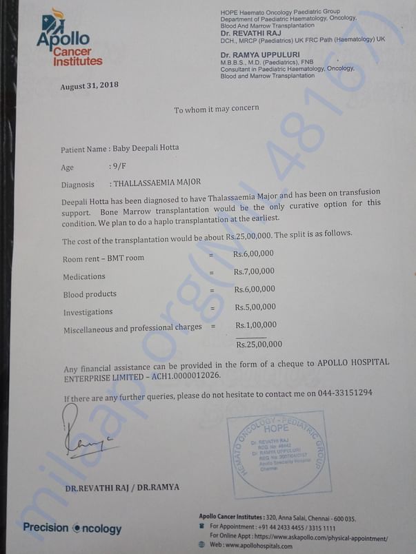 Estimation letter for BMT