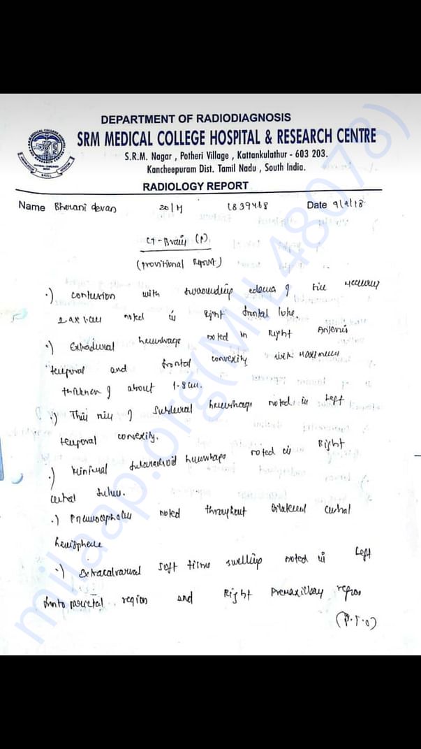 His report in SRM before admitting in SIIMS