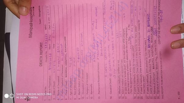 Death Report from Manipal Hospital