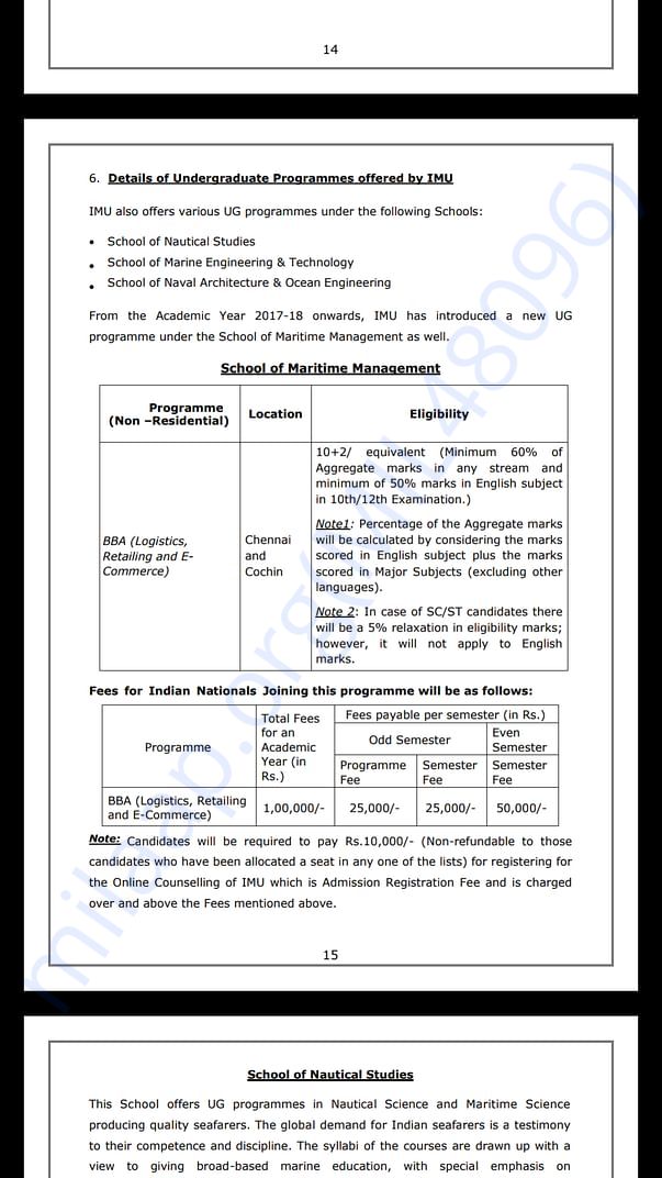 Fee structure - from academic brochure