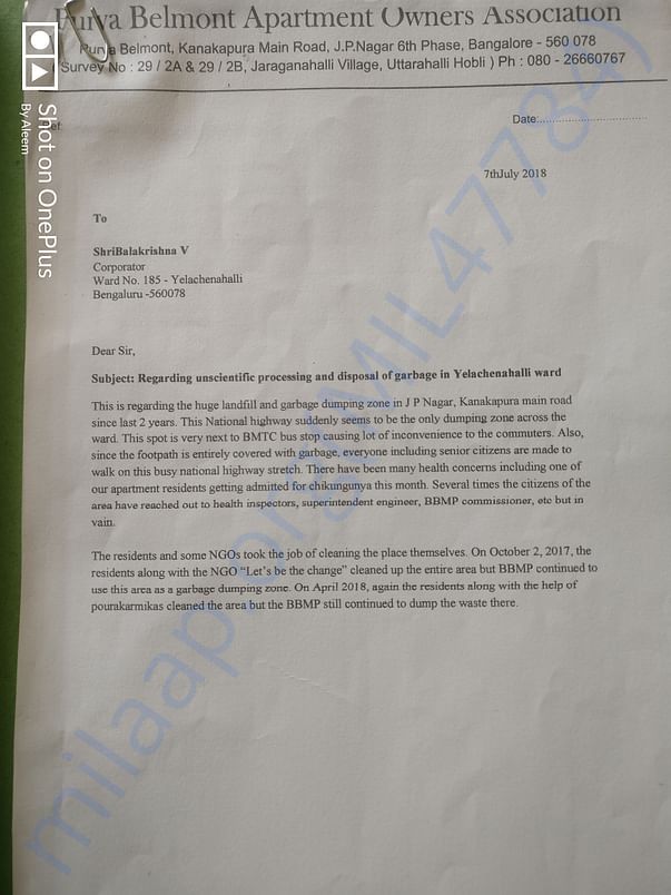 To Balakrishna (Corporator)