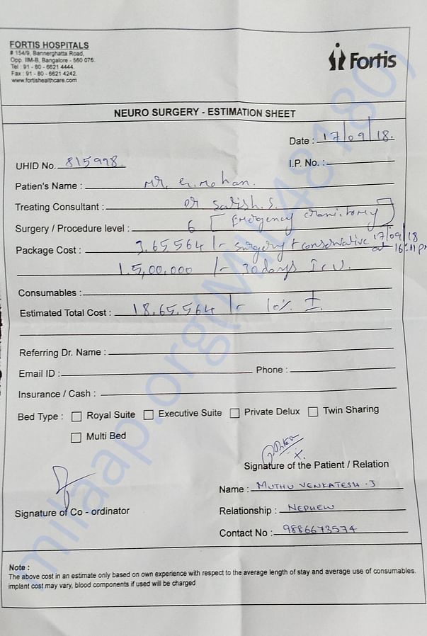 Estimated cost sheet from hospital based on his condition