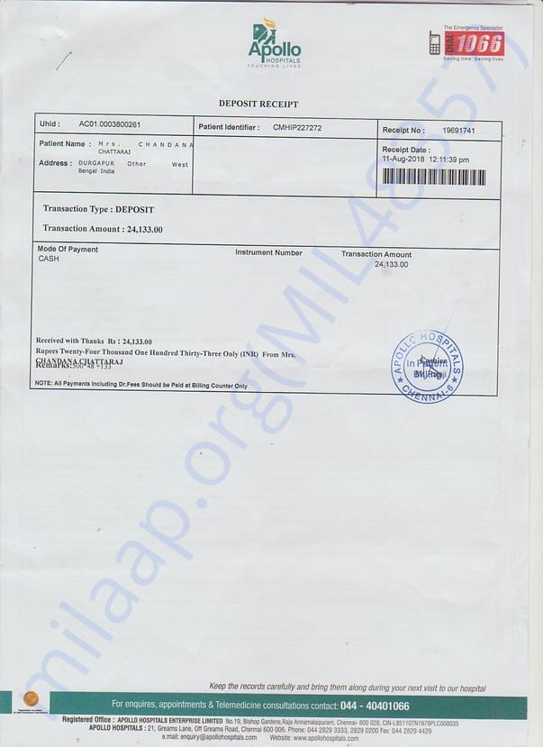 APOLLO HOSPITAL'S DEPOSIT RECEIPT