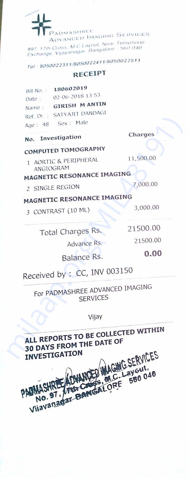 3rd time Padmashree CT & MRI INVOICE
