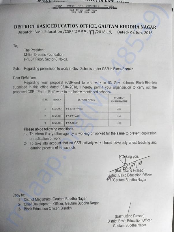 Million Dreams has adopted three schools from concerned authority