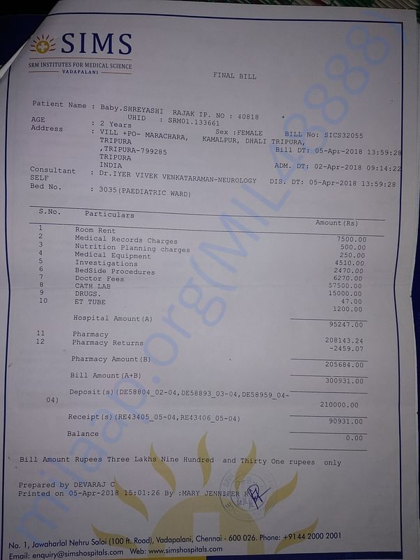 Previous bill of SIMS Hospital, Chennai