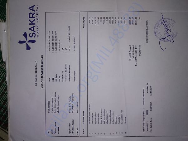 Medical bill, SAKRA Hospital Bengalore