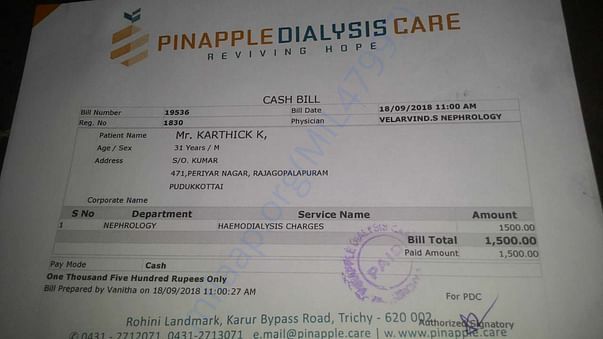 Treatment charge for taking one time dialysis..required twice in a wee