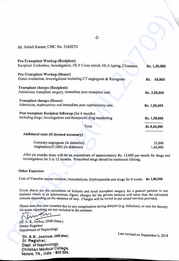 Estimate of transplant in CMC Vellore