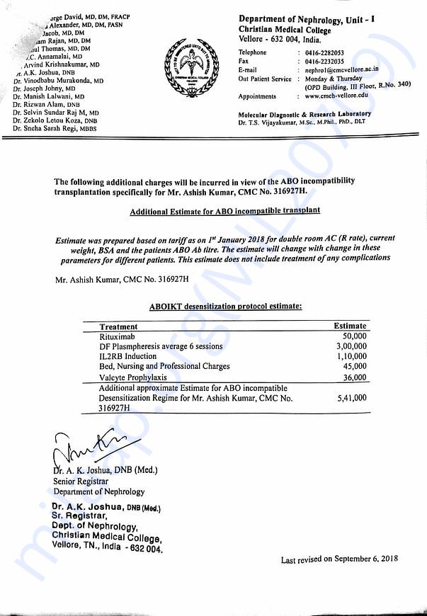 Estimate of transplant in CMC Vellore