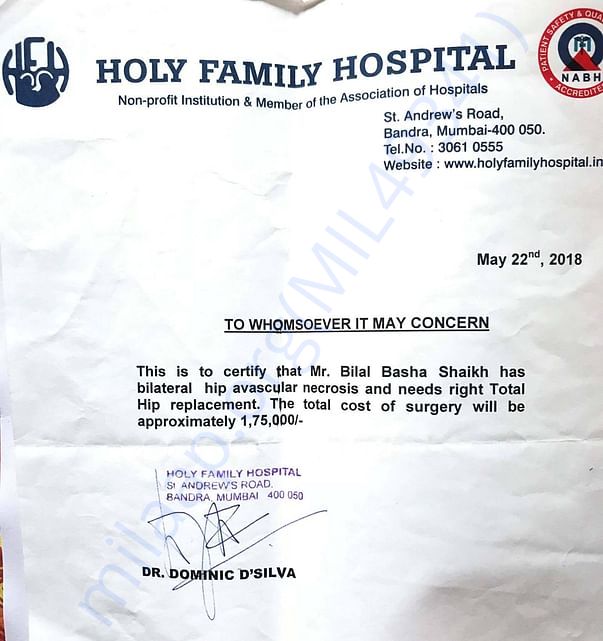 Certificate from Holi Family Hospital, Mumbai