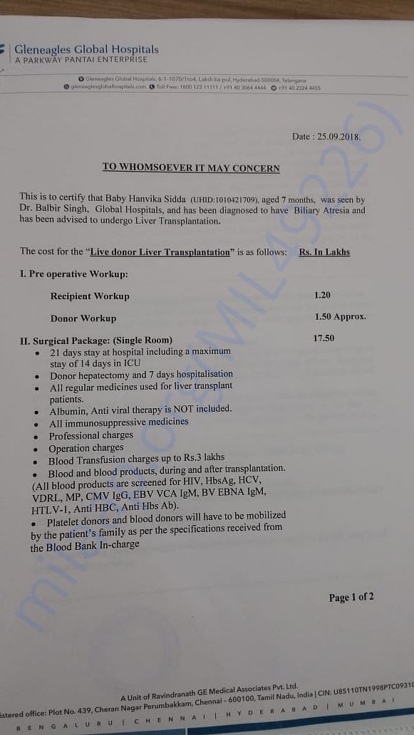 Operation estimation bill Page 1 by Global Hospitals HYD