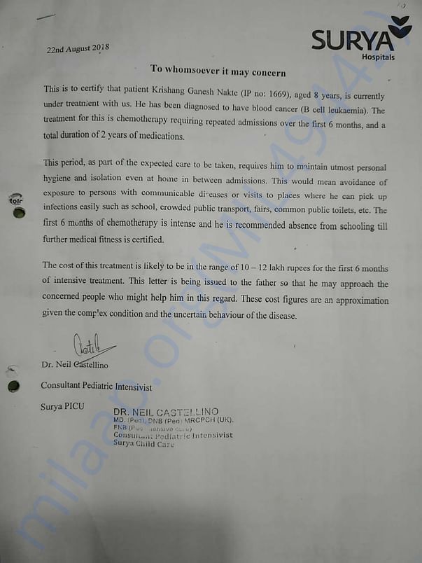 Diagnosis & Line of Treatment Letter from Hospital/Doctor