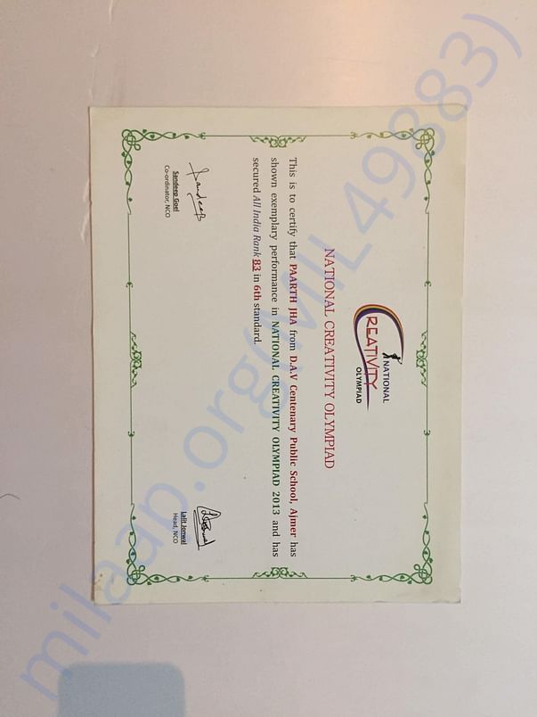 In 6th class, I secured AIR 83 in National Creativity Olympiad.
