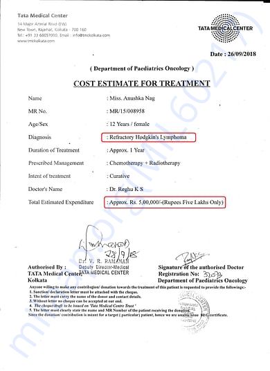 This is an estimated expenditure from Tata medical center with details