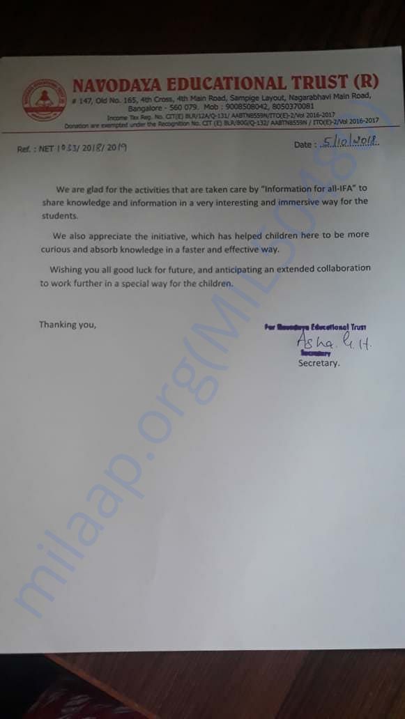 Appreciation of work/videos by a NGO in Bangalore.