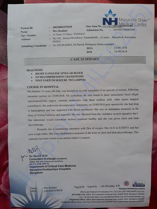 Summary of Rashmi hemorrhage stroke, she will under go another surgery