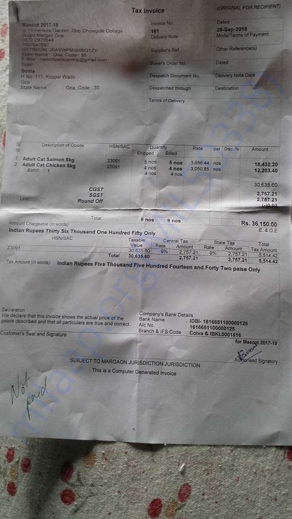 Food bill of Rs 36,150/-