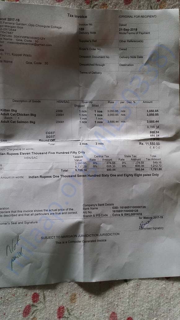 Food bill of Rs 11,550/-