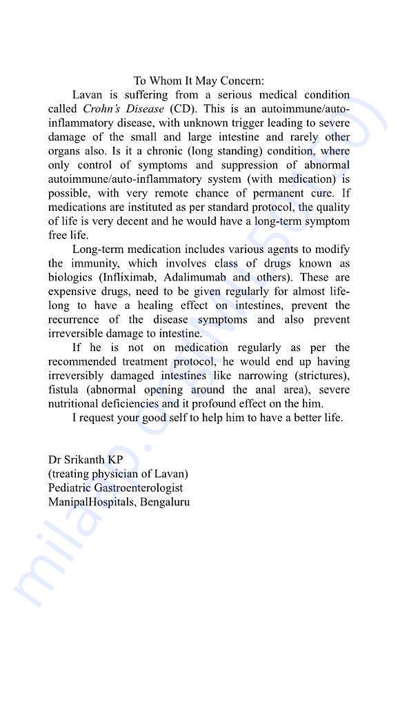 Details on seriousness of Lavans Disease from his doctor.