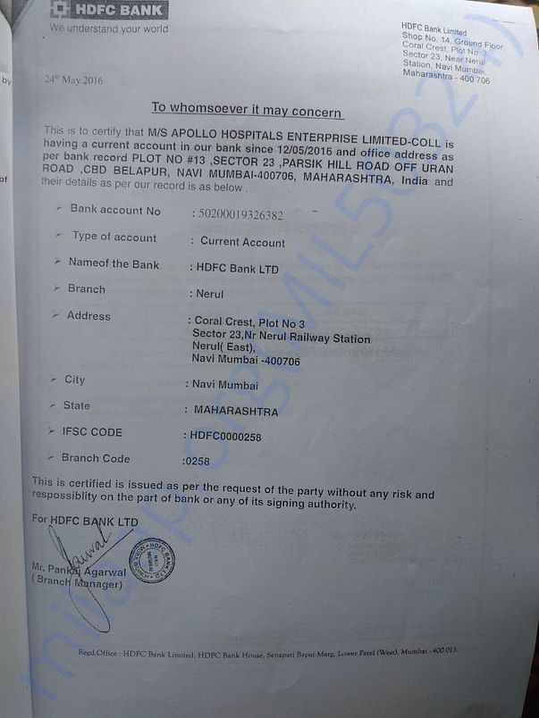 Apollo hospital bank account details