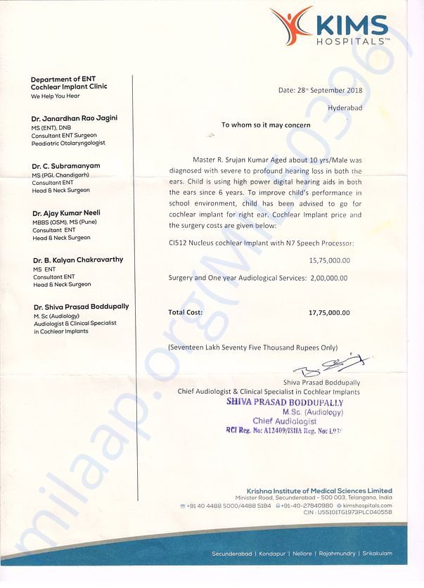 KiMS Hyderabad Doctor's estimation